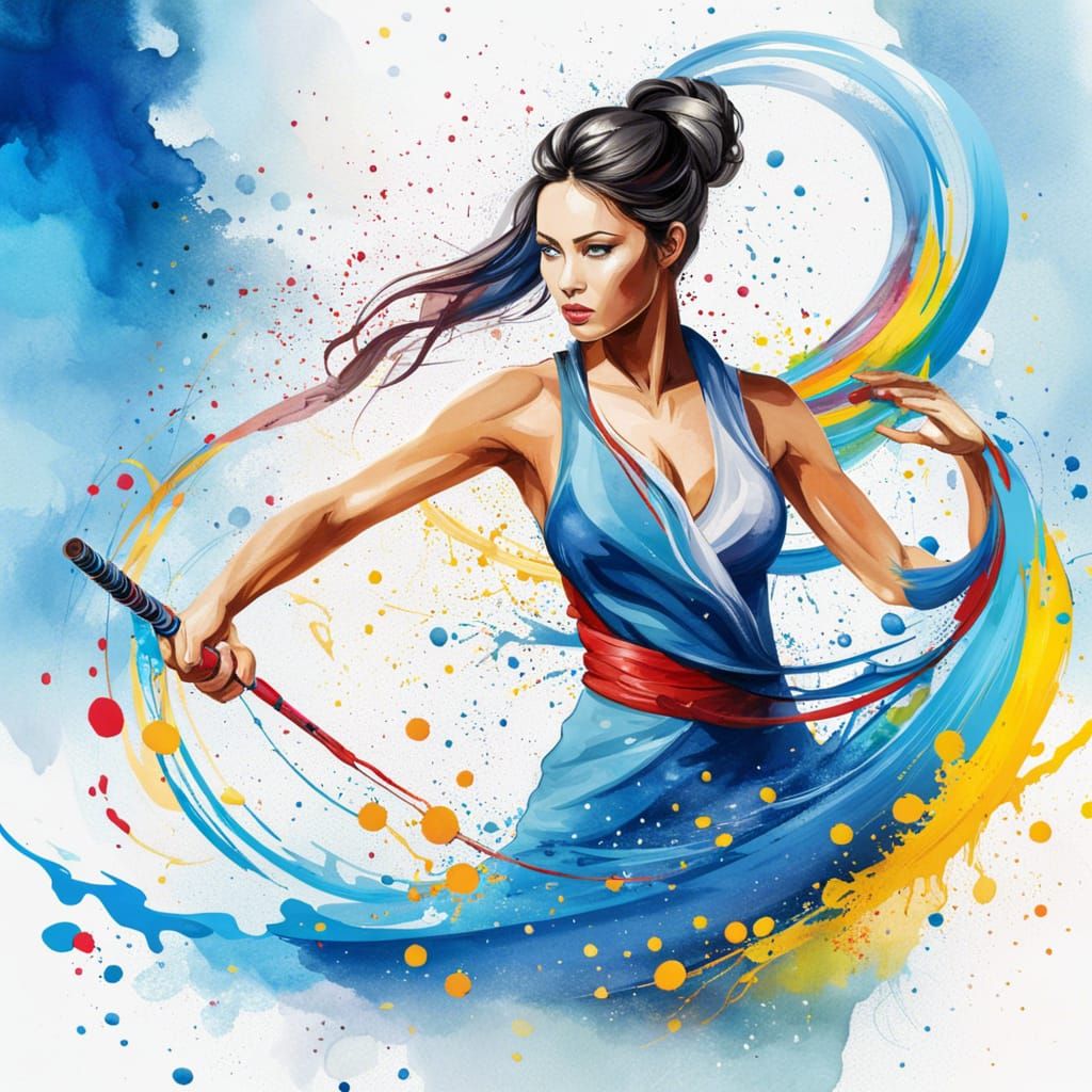 Kung Fu Woman in Liquid Paint Dress