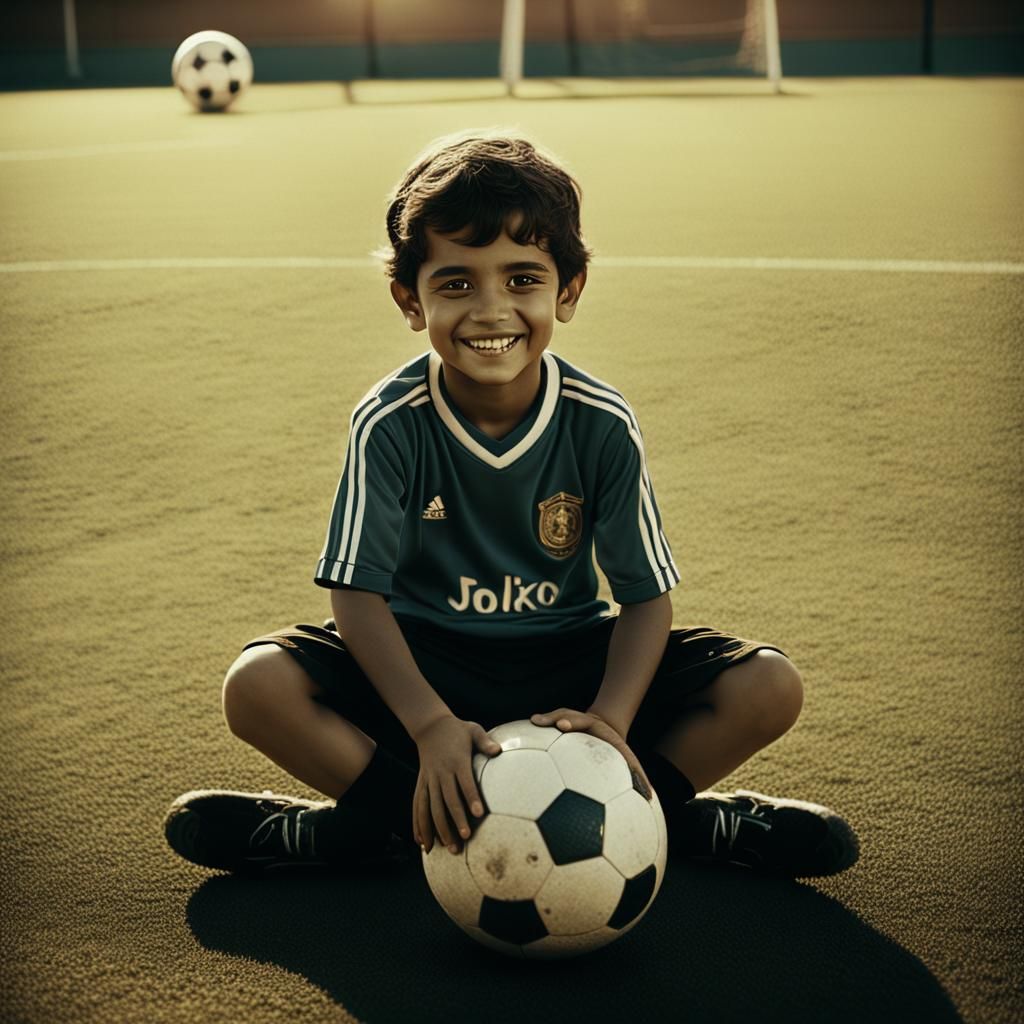 Smiling Child with Soccer Ball in Film Noir Style