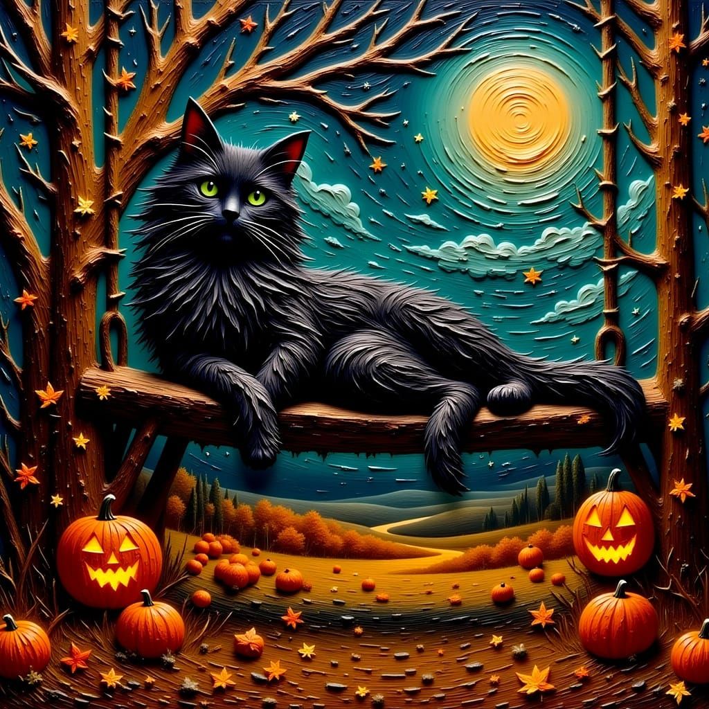 3d Impasto Long haired fluffy black cat with green eyes loun...
