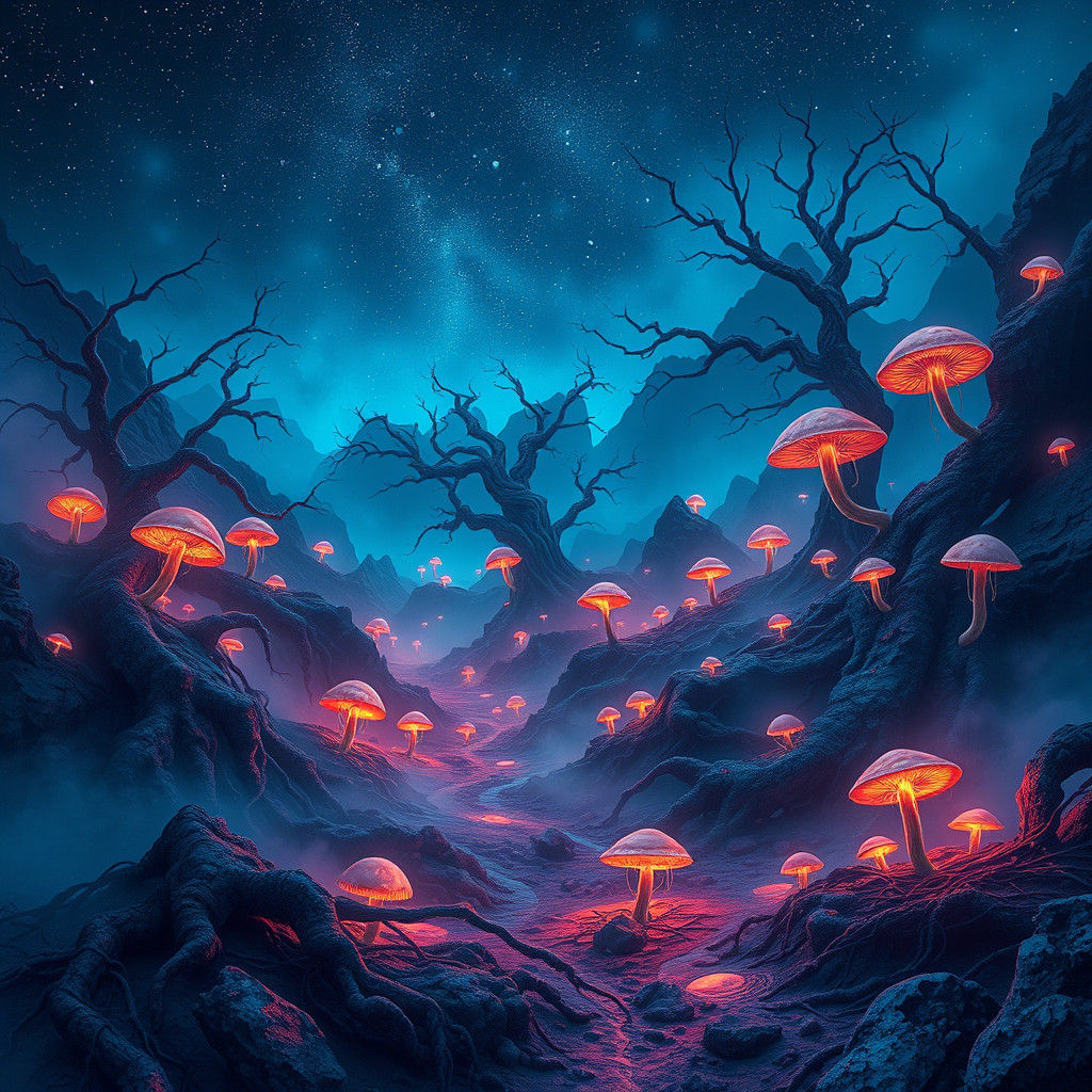 Mystical Minefields Under Starry Skies in Digital Painting S...