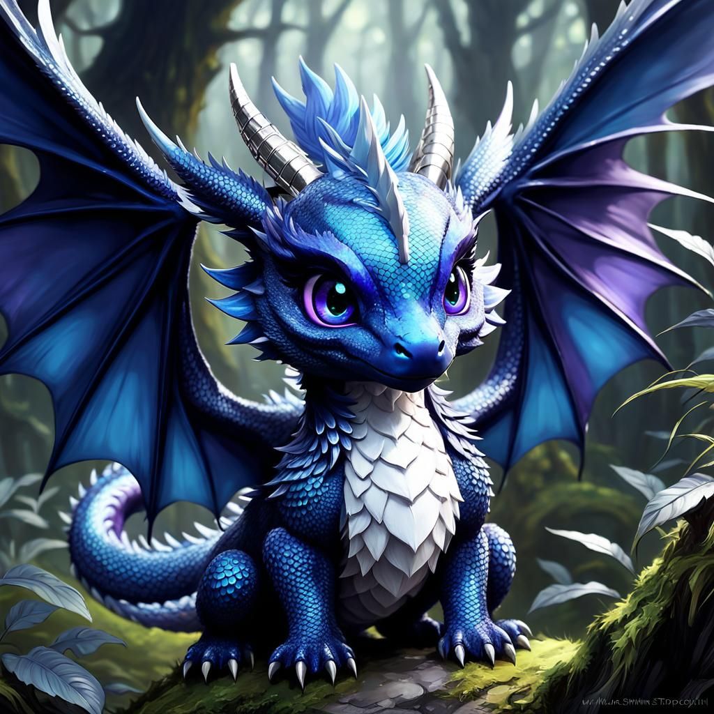 Chibi Navy Dragon in Enchanted Forest Art