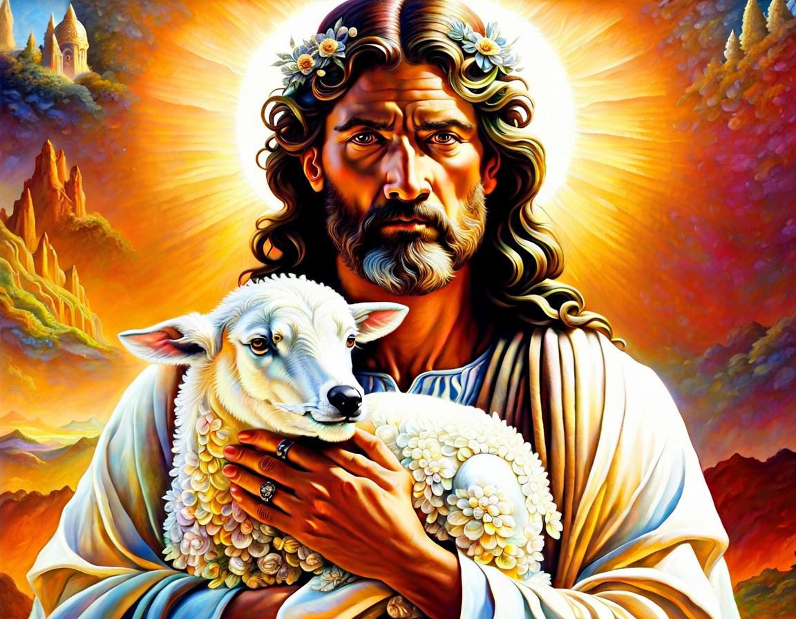 Jesus Christ Shepherd with Lamb in Pastel Colors