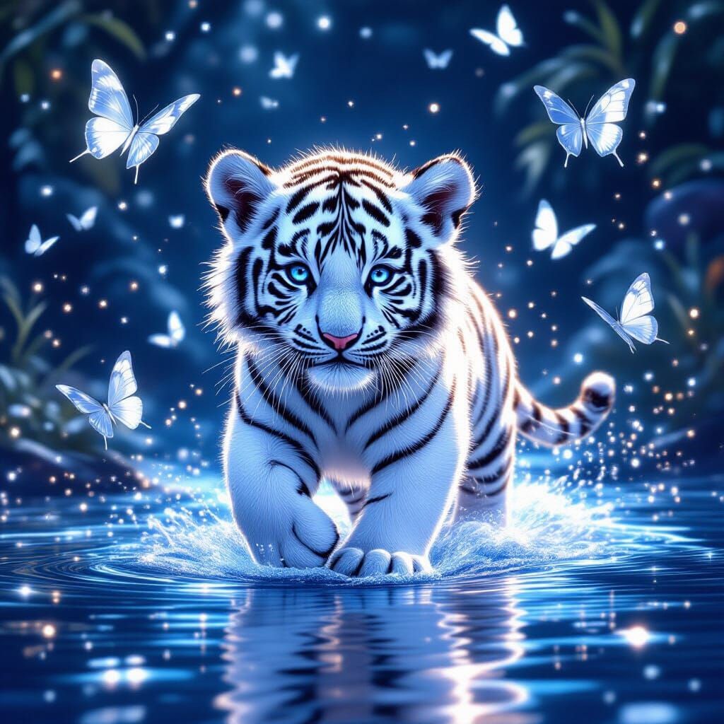 White Tiger Cub Walks on Shimmering Water in Moonlight