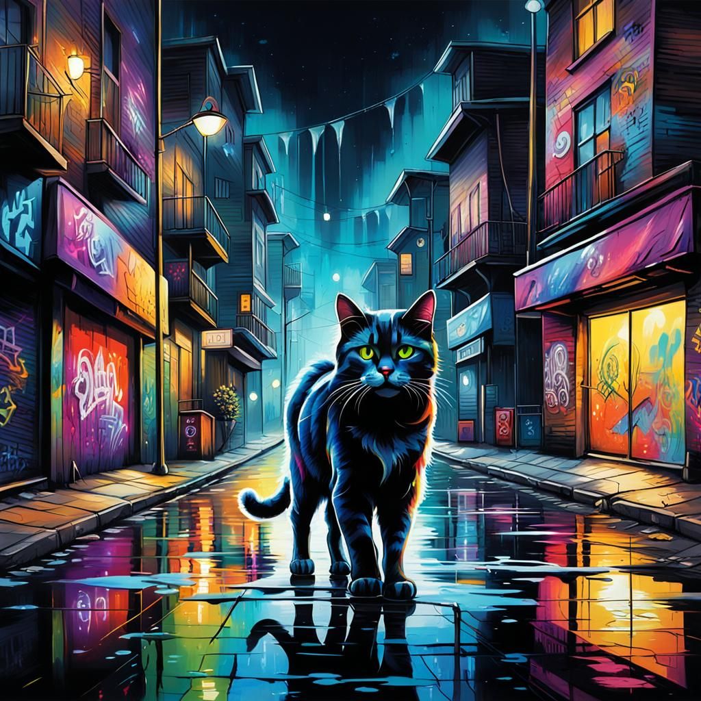 Night Cat in City Street Art Style