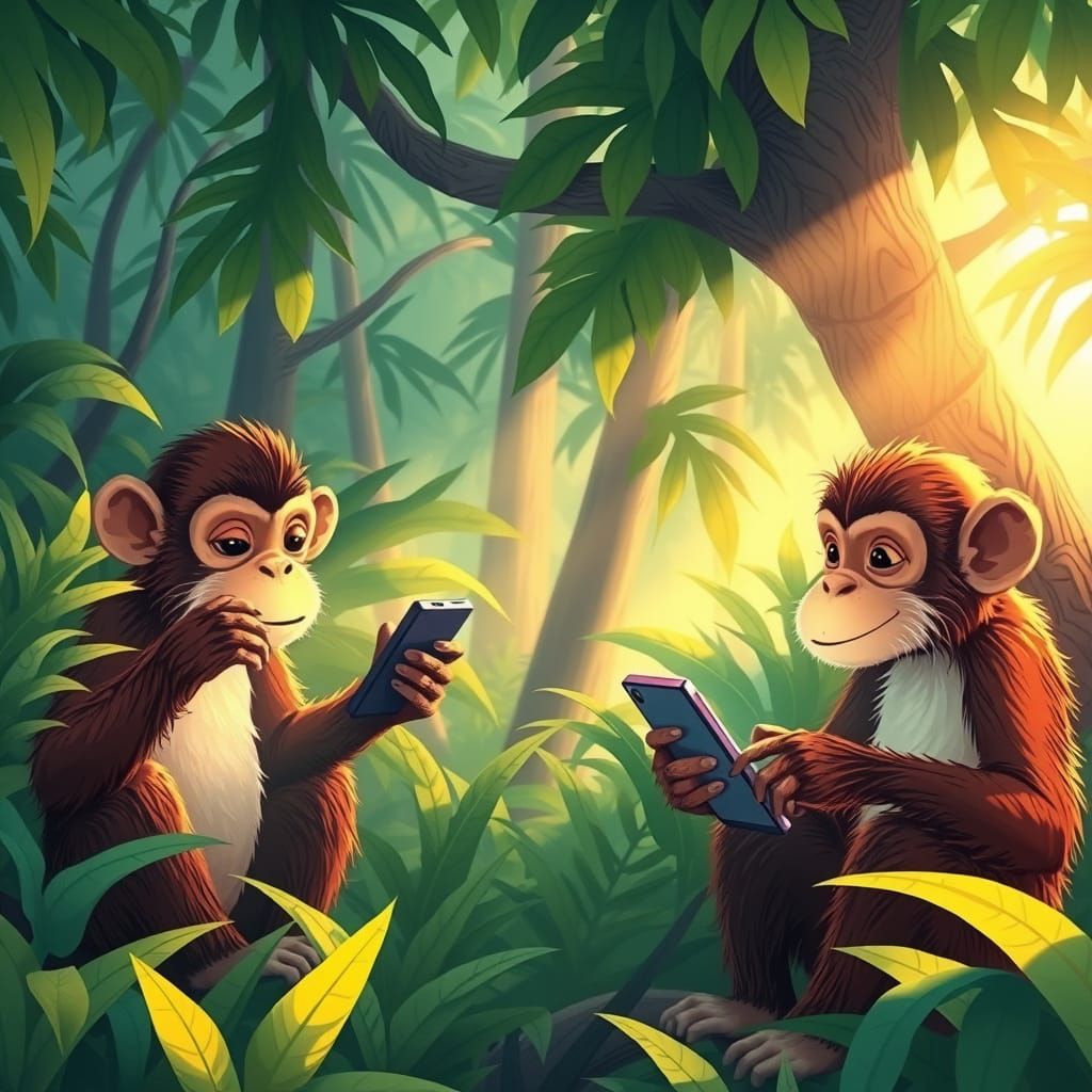 Monkeys Chatting on Cellphones in Vibrant Jungle