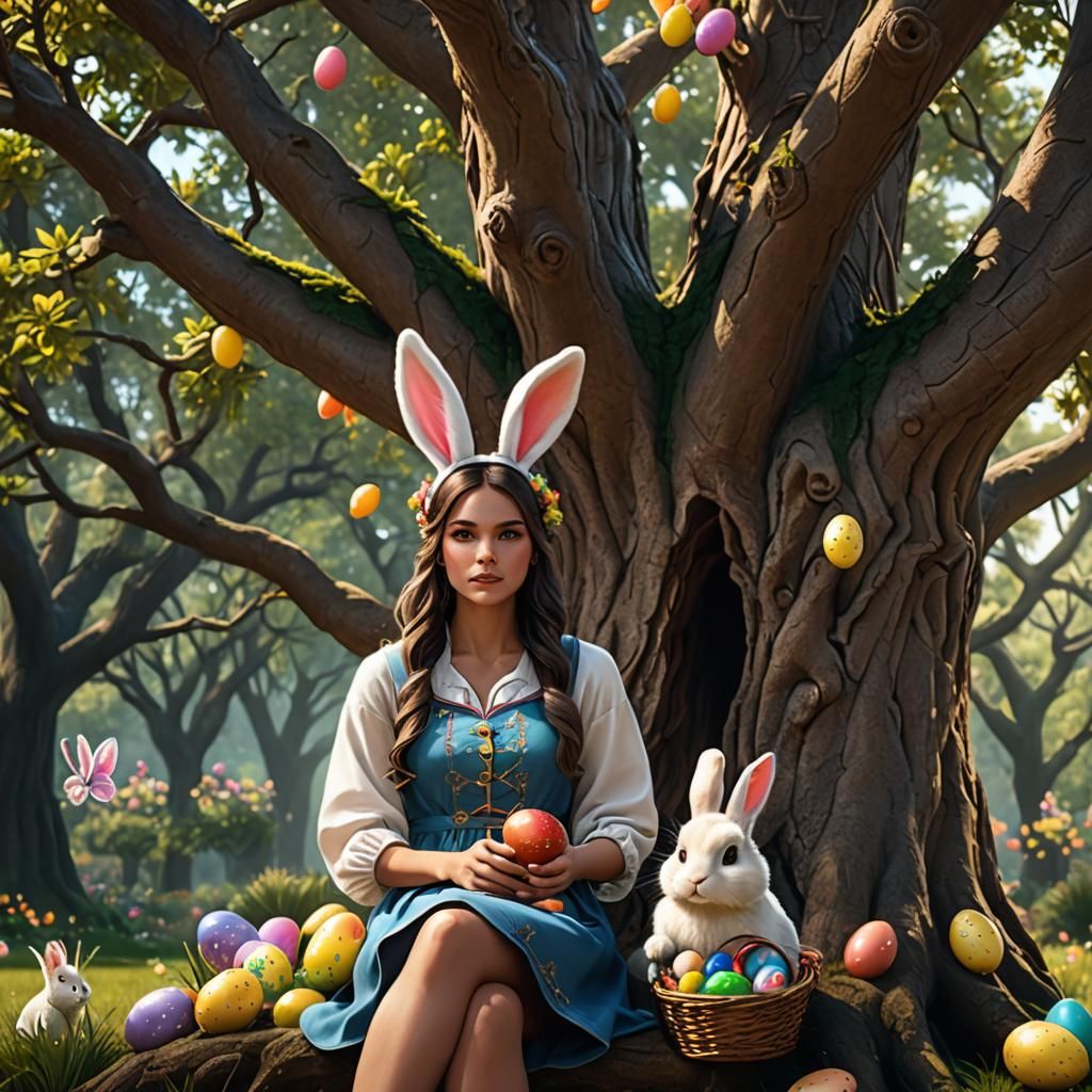 Animated Woman with Easter Basket, Detailed Matte Painting