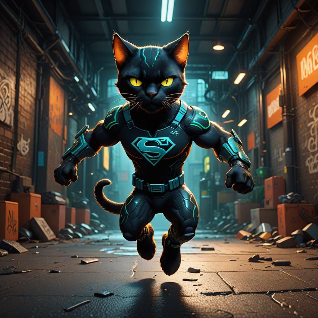 Cyberpunk Digital Catman in Flight