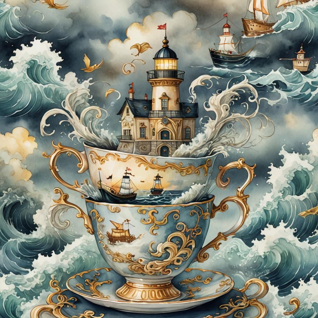 Stormy Sea in Teacup: A Surreal Watercolor Dream