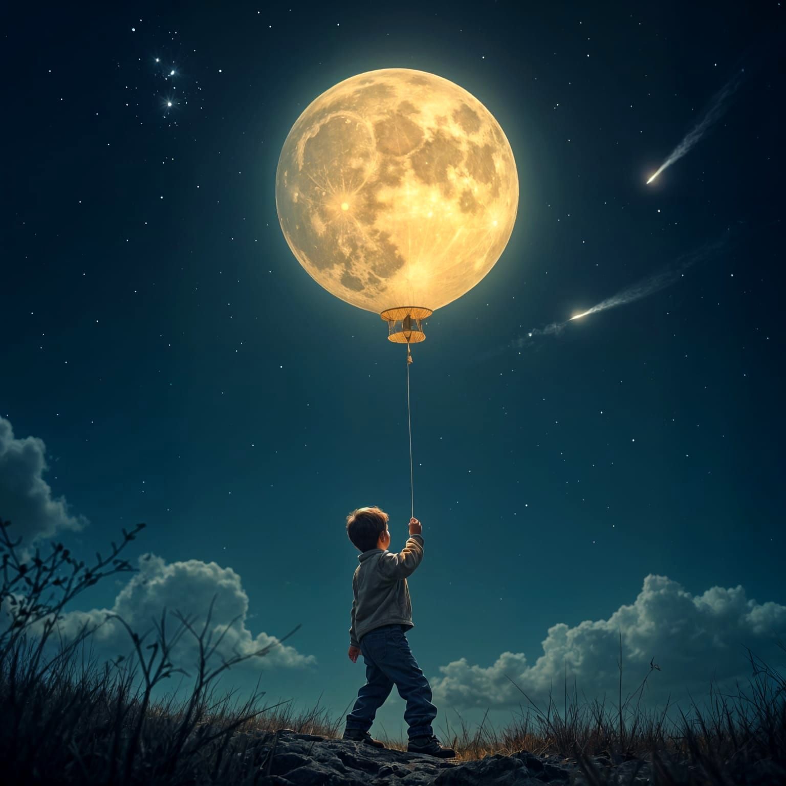 A Little Boy Holds a Moon Balloon in the Night Sky