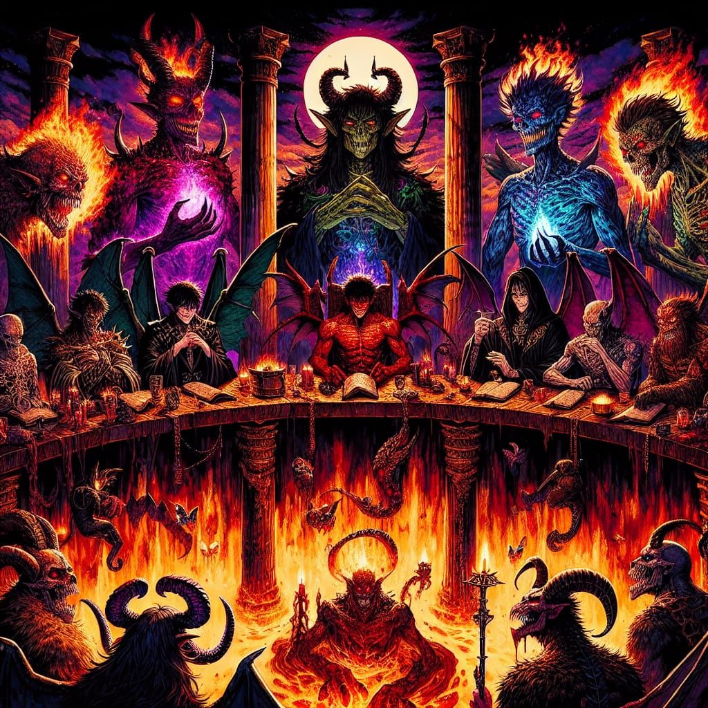 Dark Fantasy Council of Demonic Sins in Hellish Anime Style