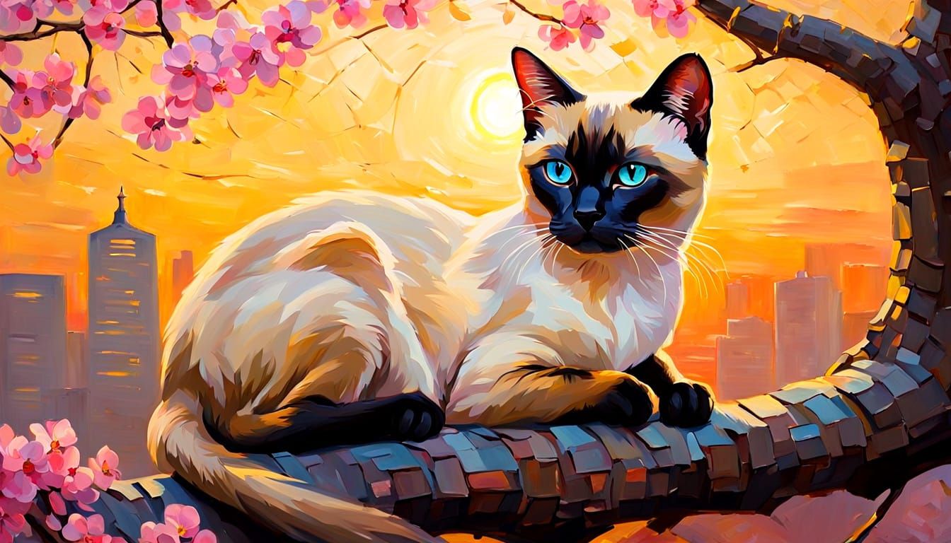 Siamese Cat in Impressionist Oil Painting with Sakura