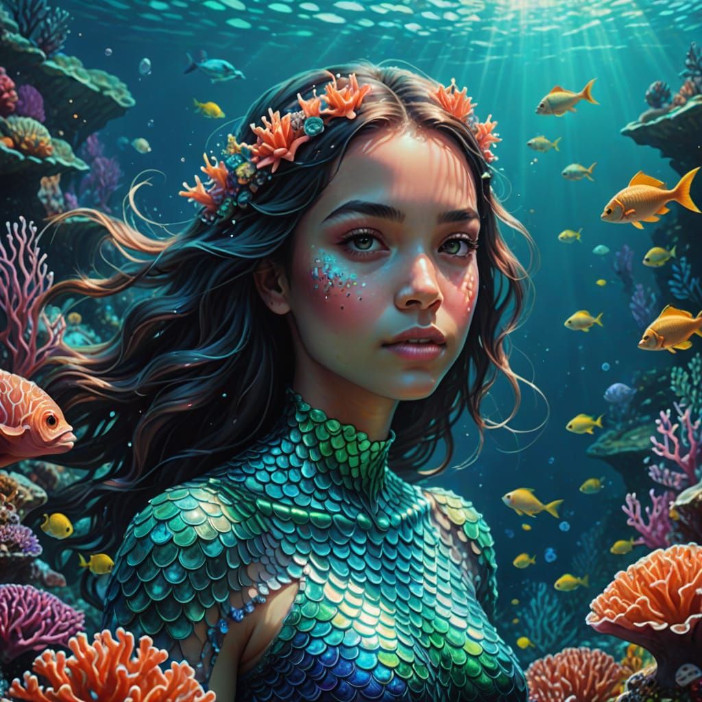 Surreal Mermaid Swims in Bioluminescent Coral Reef