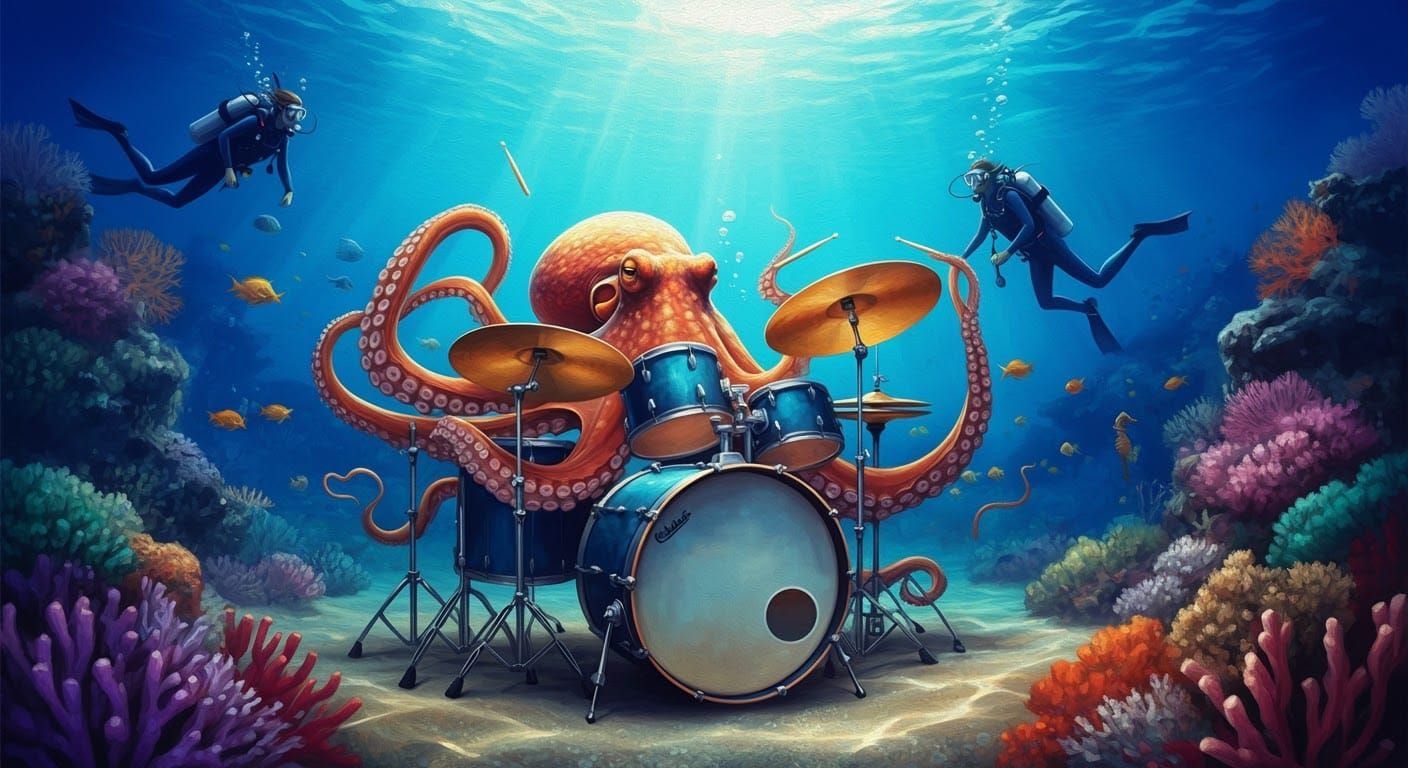 Octopus Drummer Underwater, Expressive Impasto Painting