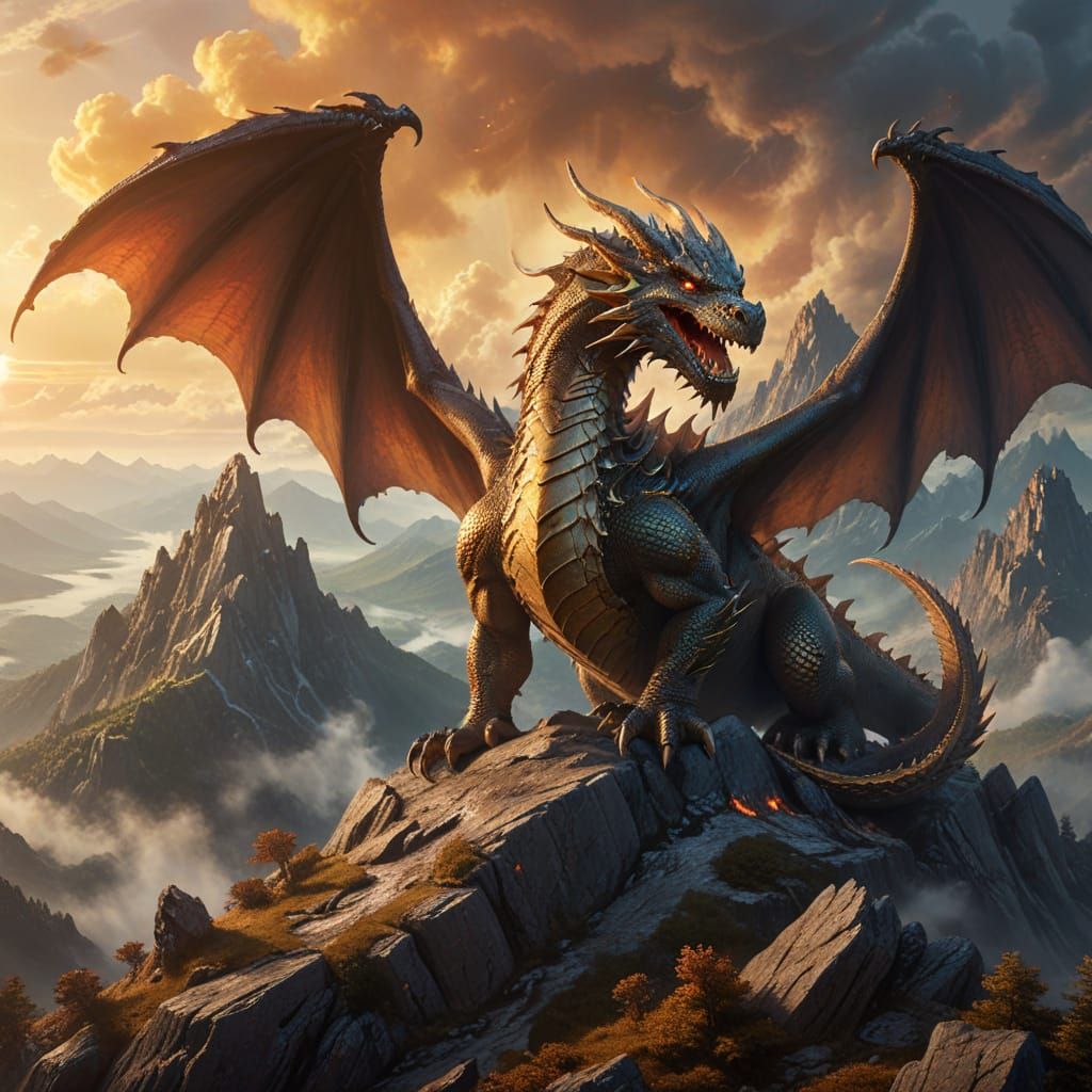 Majestic Dragon on Misty Mountain: Digital Art