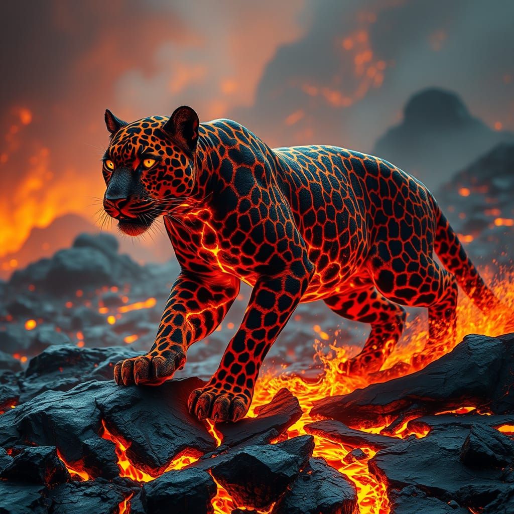 A powerful leopard fused with molten lava prowls across a sm...