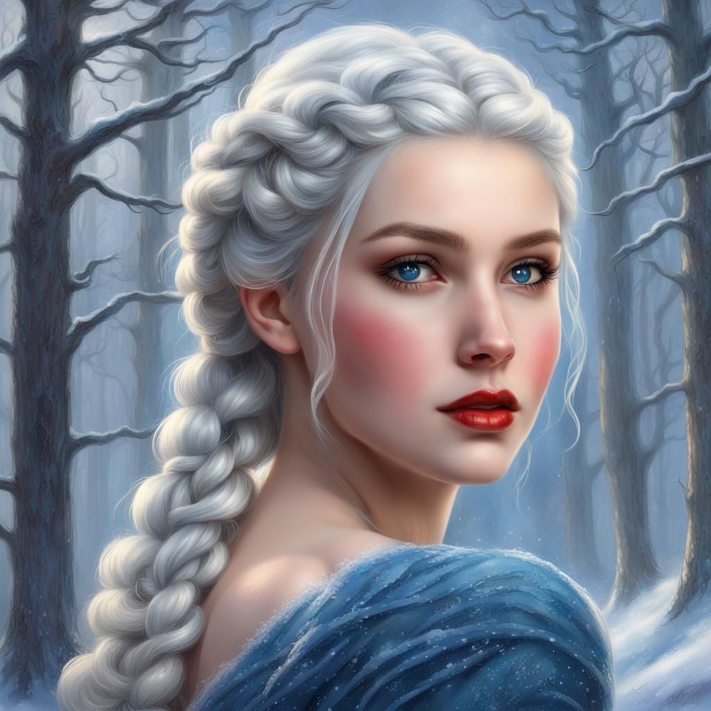 Ethereal Winter: Silver-Haired Girl in Forest