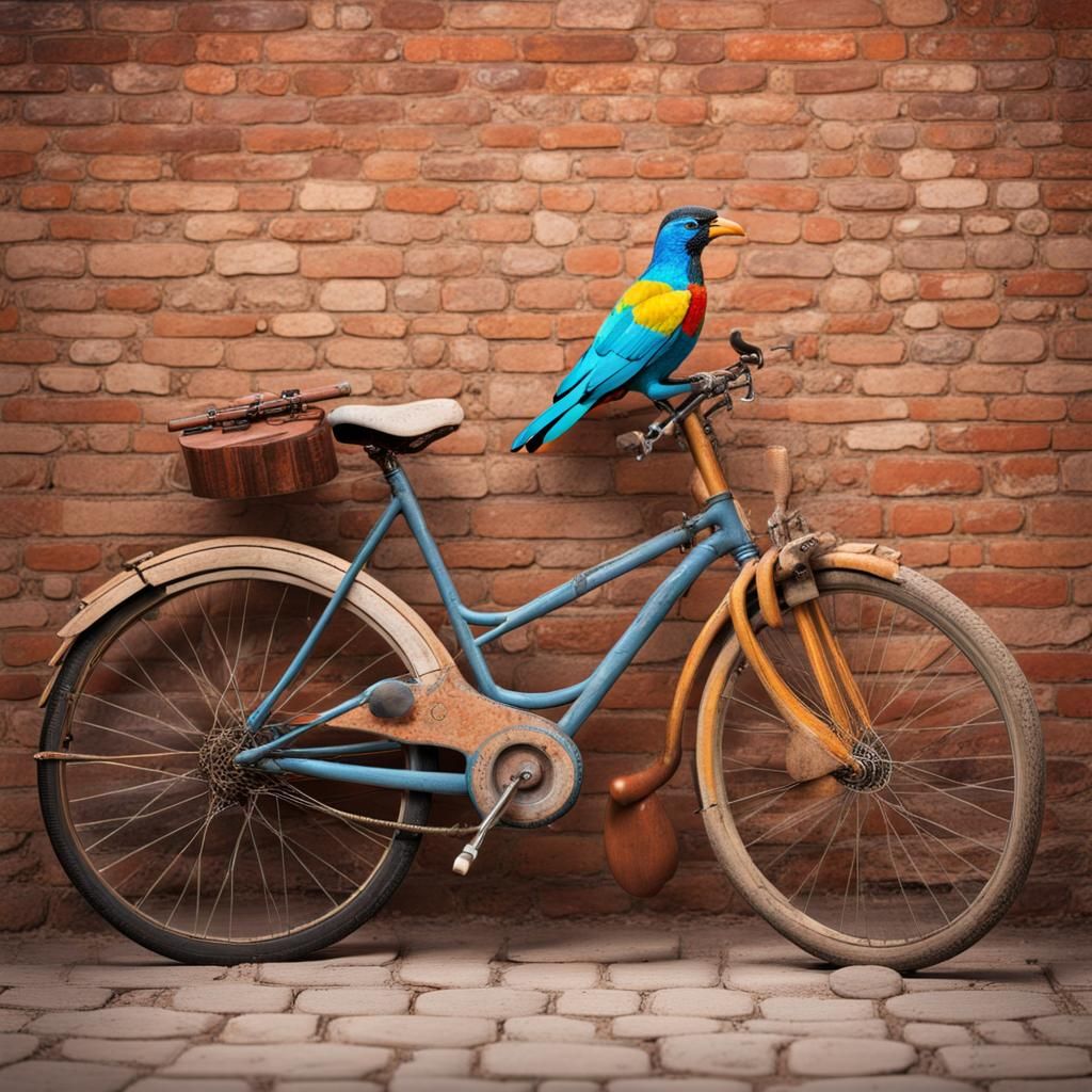 Guitar, Bird, and Bike in Folk Art Style