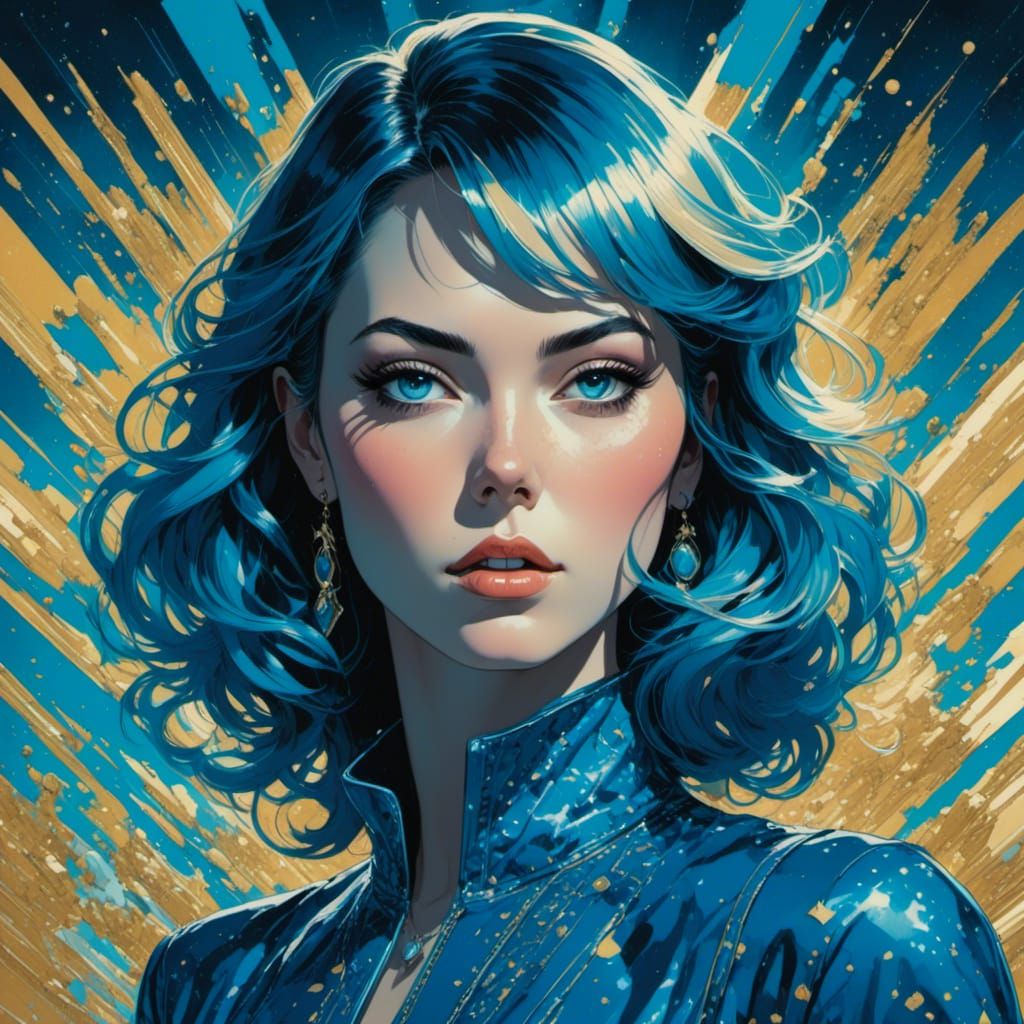 Psychedelic Blue Portrait in Retro Anime Style