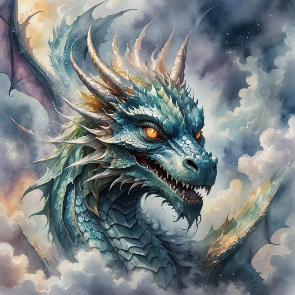 Ethereal Ghost Dragon in Vibrant Watercolor Style