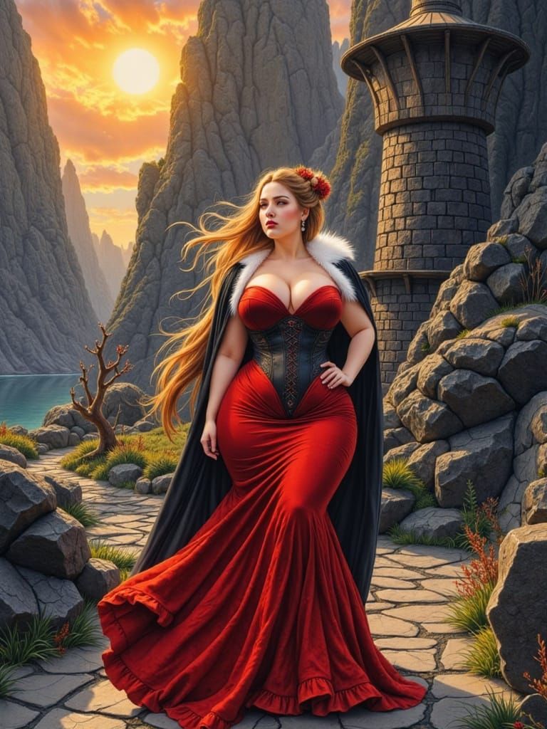 Sultry Red Velvet Sorceress in Sunset Glow