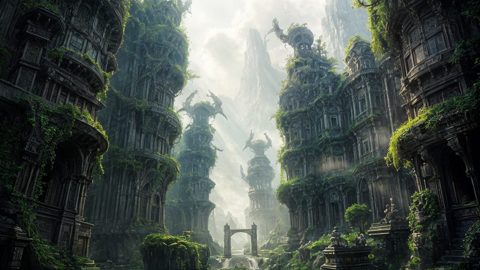 Lost Fantasy City Overtaken by Nature, Mist and Sunlight