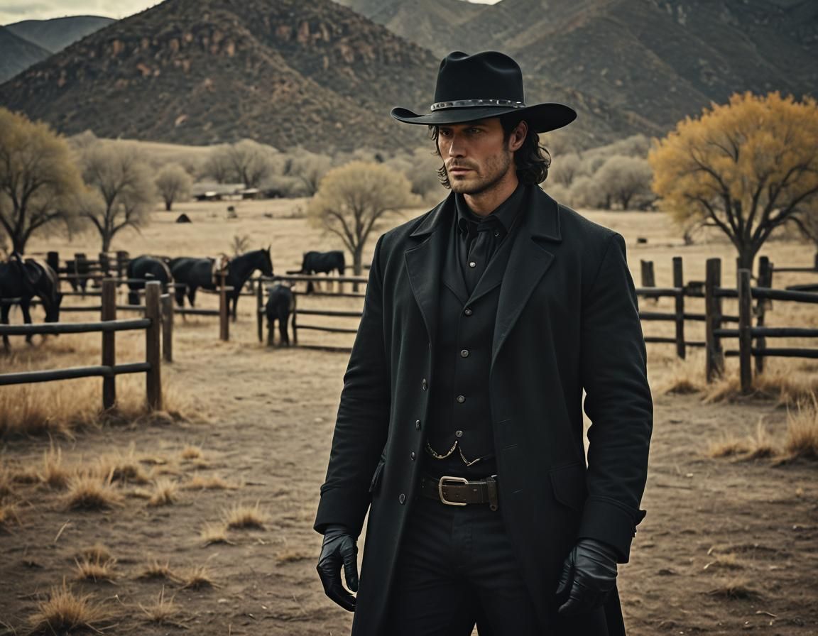 Handsome Man in Black Cowboy Outfit, Art Nouveau