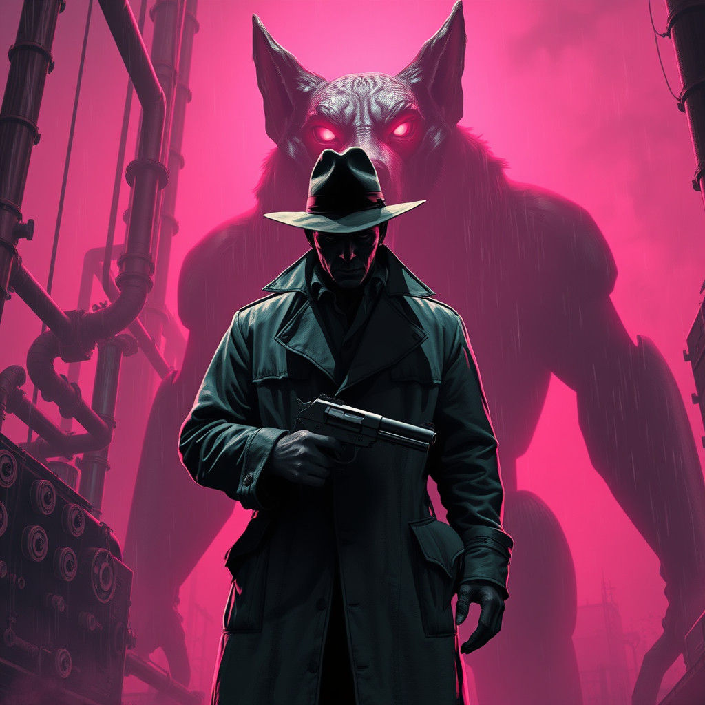 Noir Figure with Canine Creature in Pink Mist
