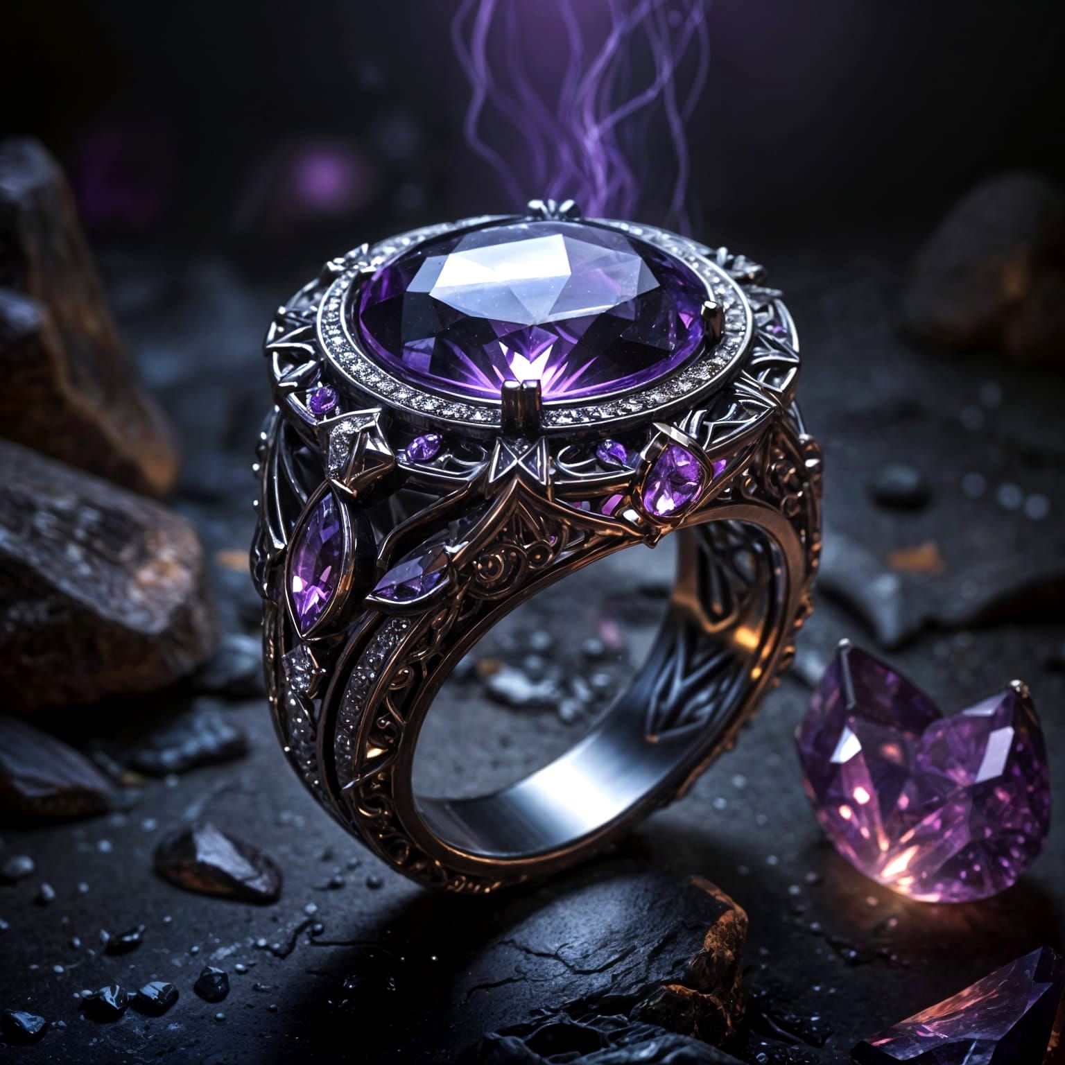 Intricate Fairy Amethyst Ring with Purple Light