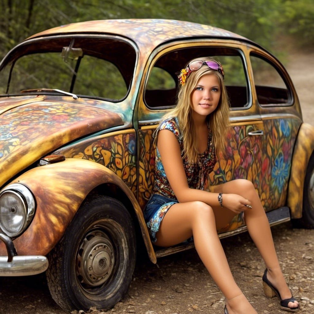 Hippie Woman with VW Bug in Photorealistic Style