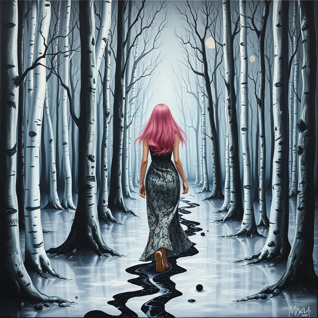 Pink Haired Woman in Surreal Melting Forest