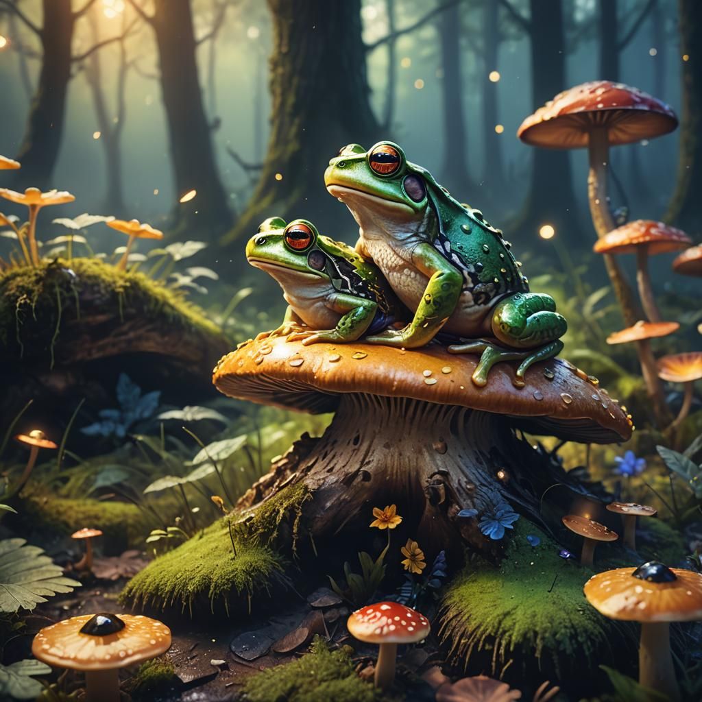 Frog on Mushroom in Misty Forest, Fantasy Art