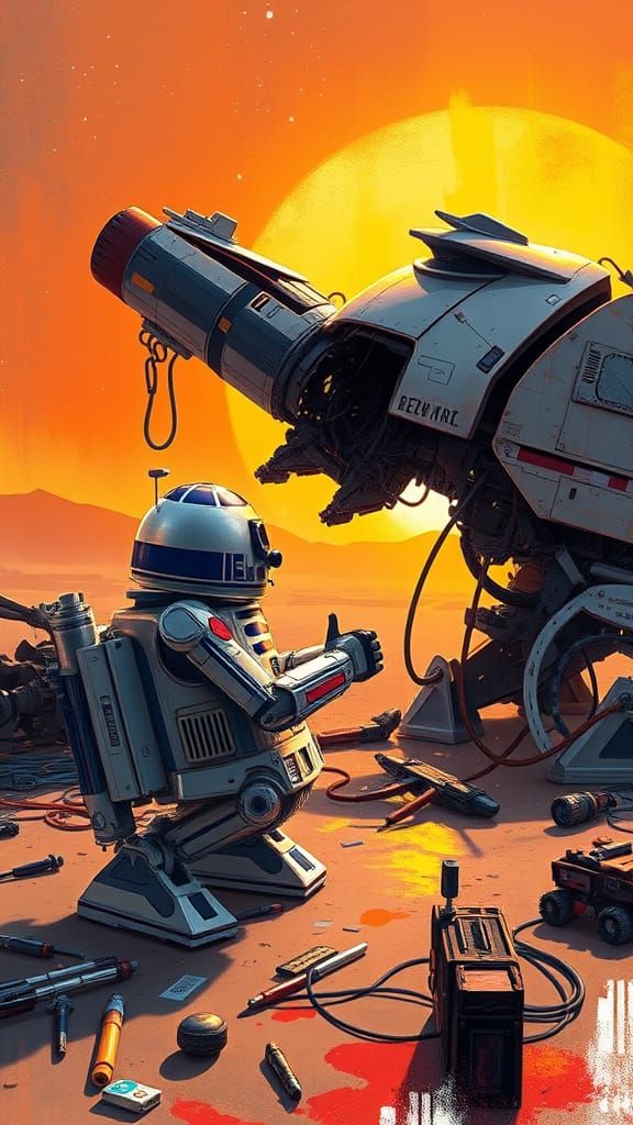 Futuristic Droid Repairs Spaceship under Binary Sunset