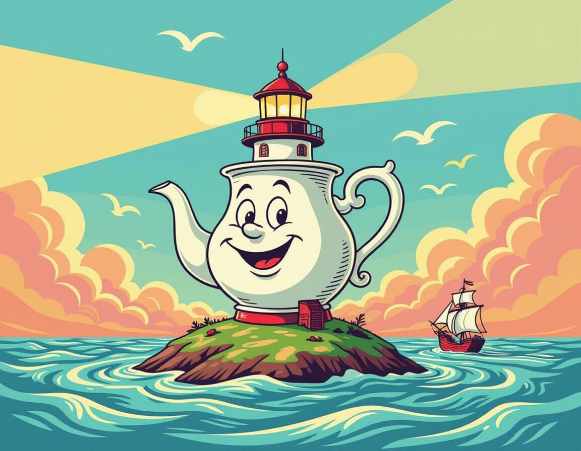 Whimsical Teapot Lighthouse in Surreal Abstract Style