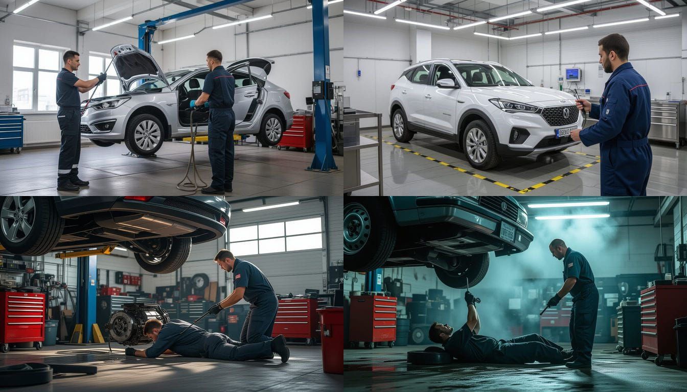 Mechanics Inspecting and Cleaning Car Parts