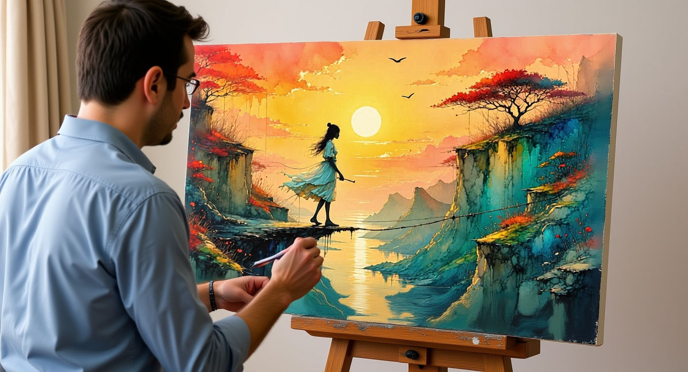 Schematic Tightrope Walker Between Mountains at Sunset