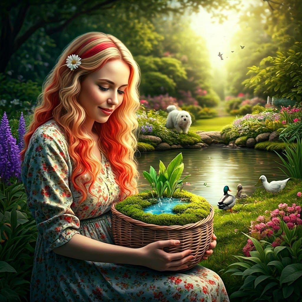 A Young Woman Contemplates a Miniature Spring Garden