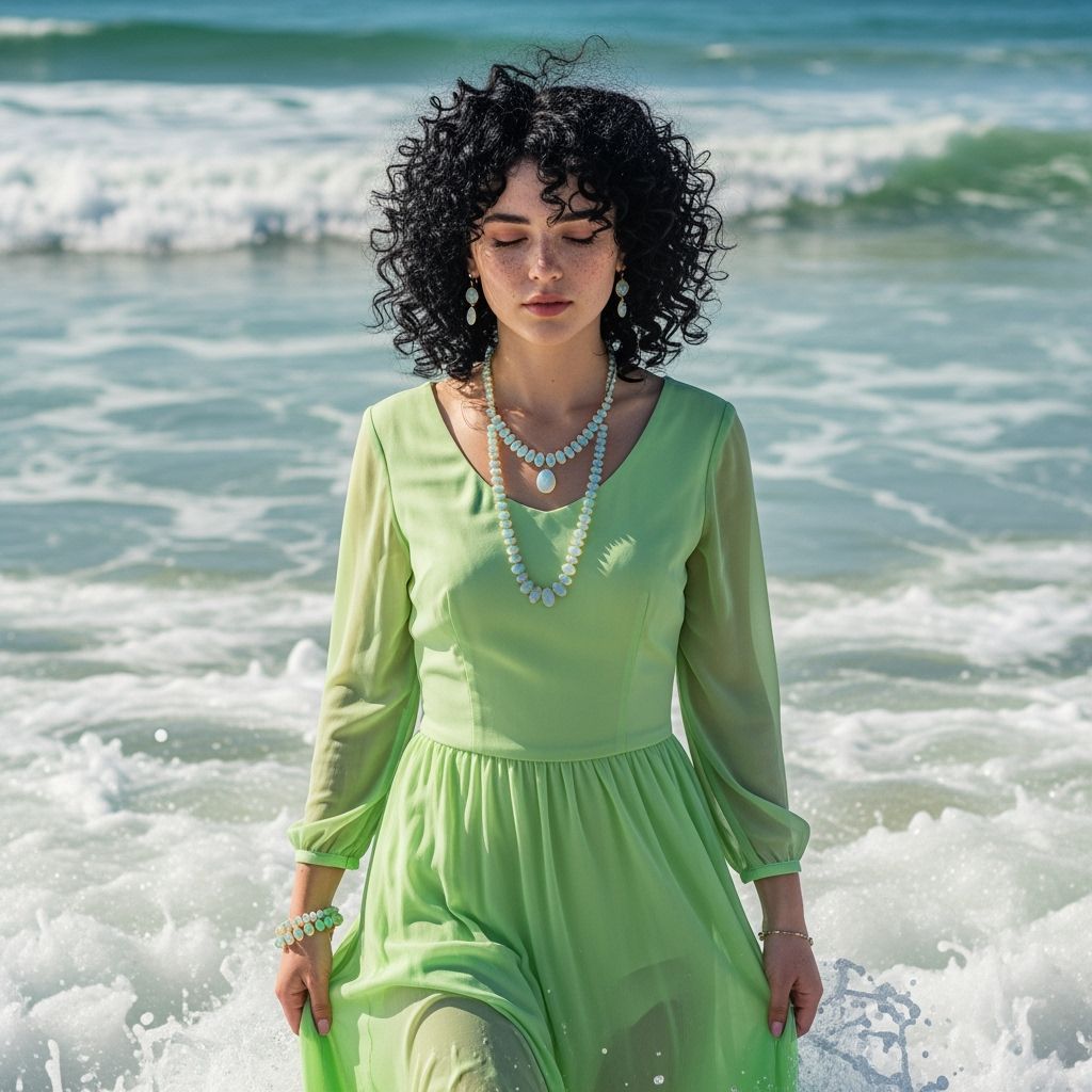 Young Woman in Green Chiffon Dress on Beach