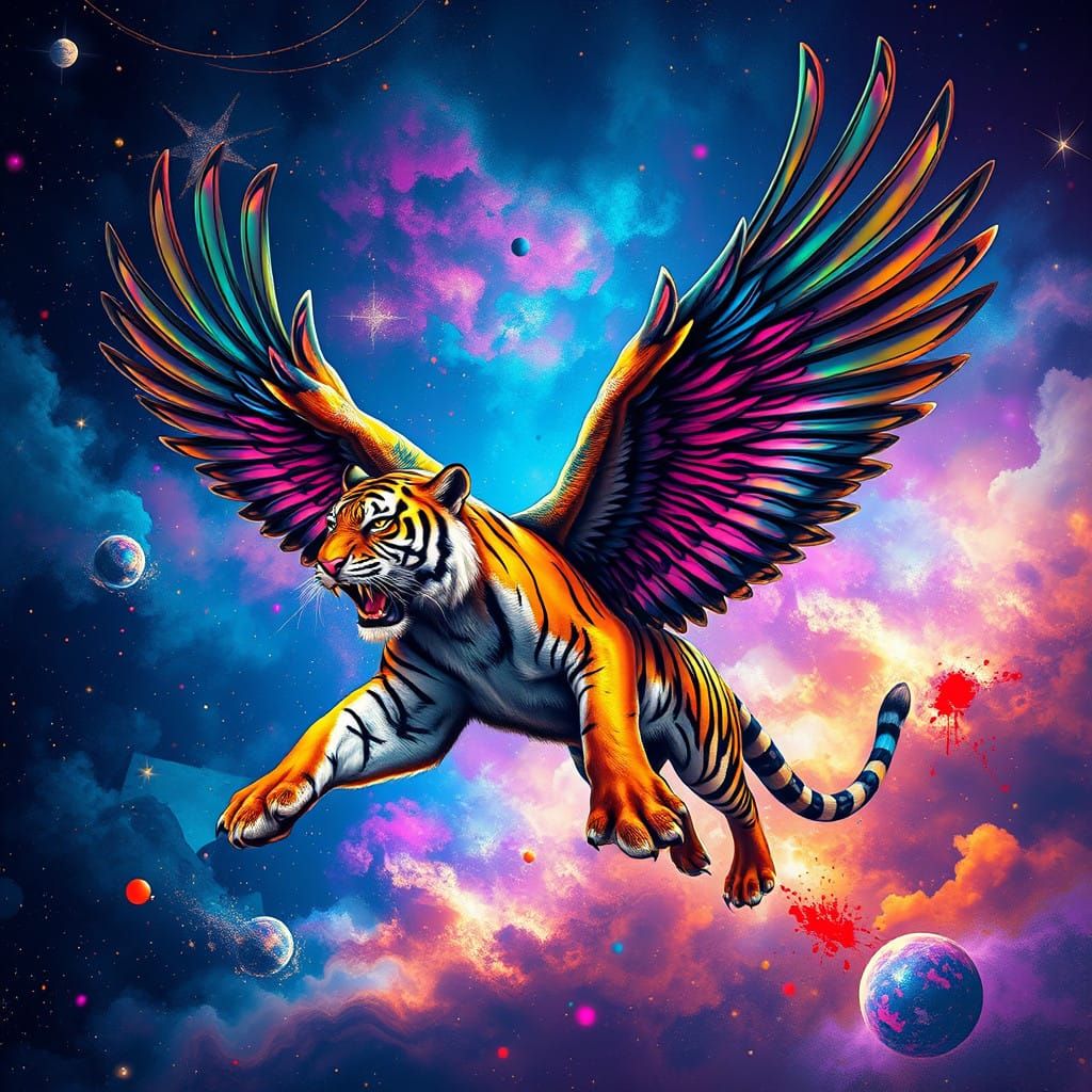 Cyberpunk Tiger Soars Through a Vibrant Galaxy