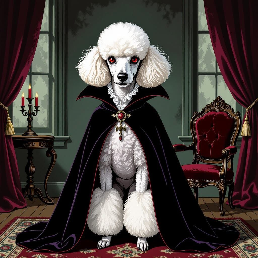 Gothic Poodle Vampire in Victorian Parlor