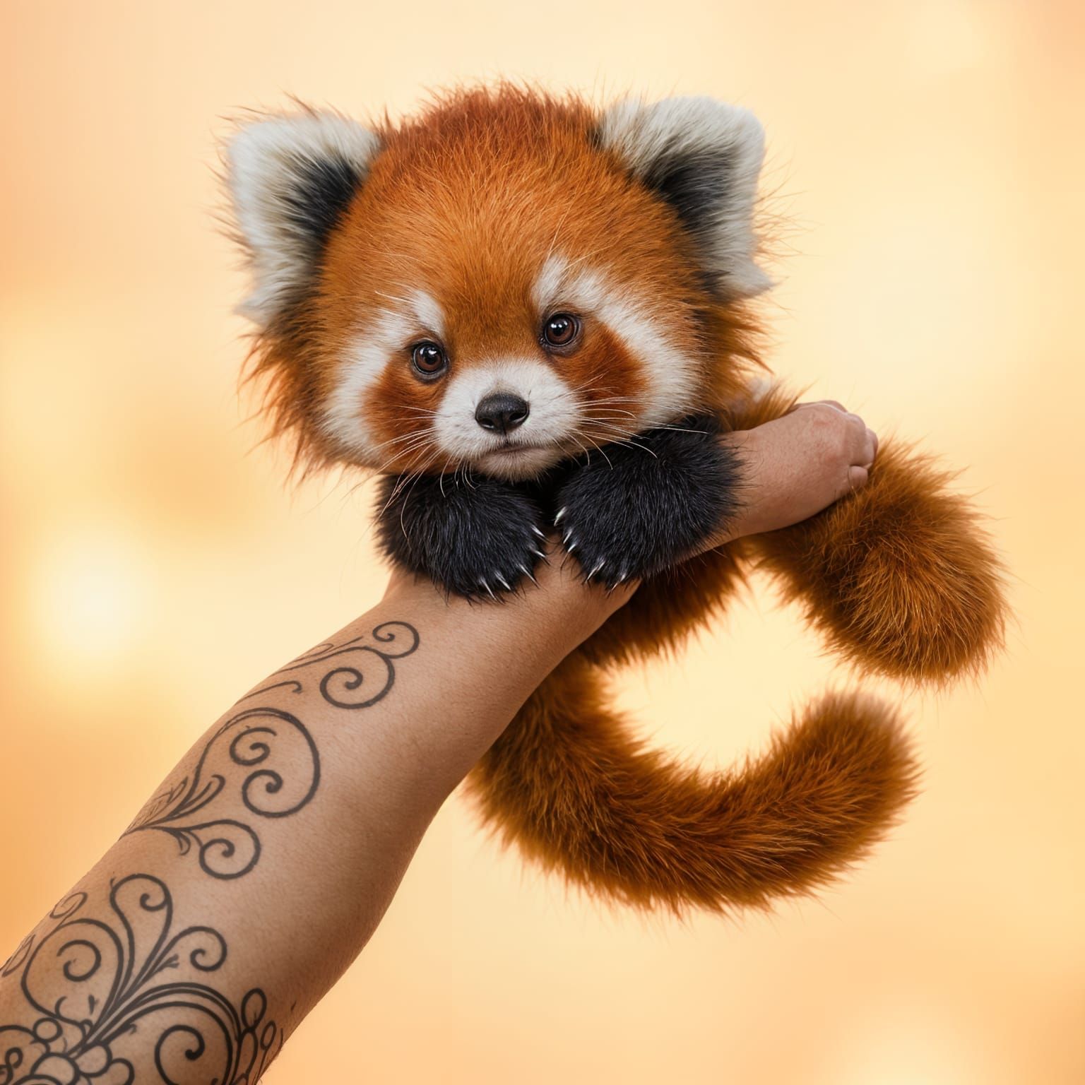 Adorable Red Panda Perched on Human Finger
