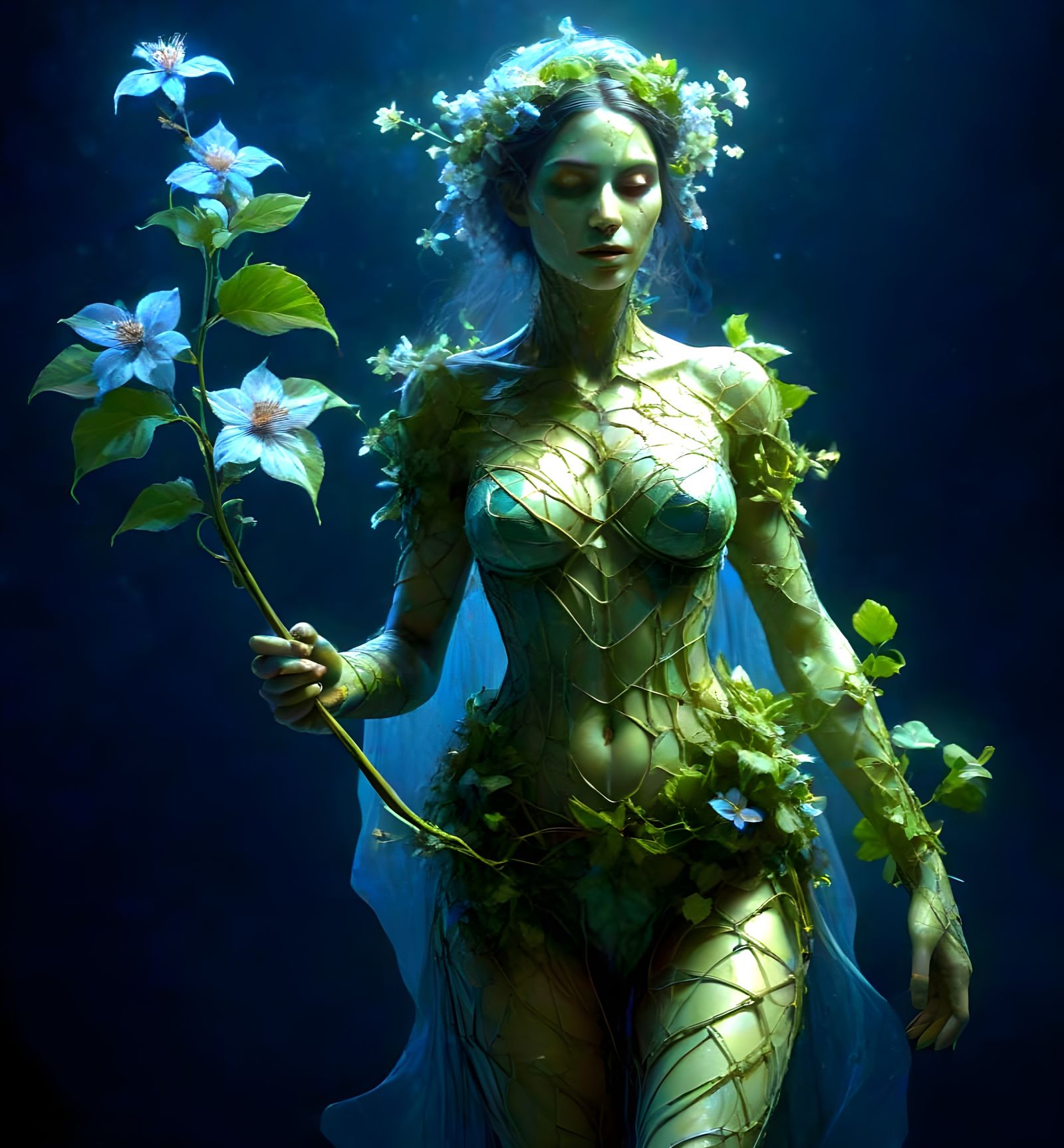 Vine Woman with Clematis Staff: Cosmic Illustration