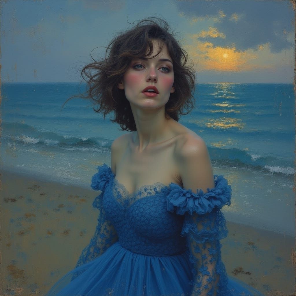 Frightened Woman in Storm, Impressionist Style