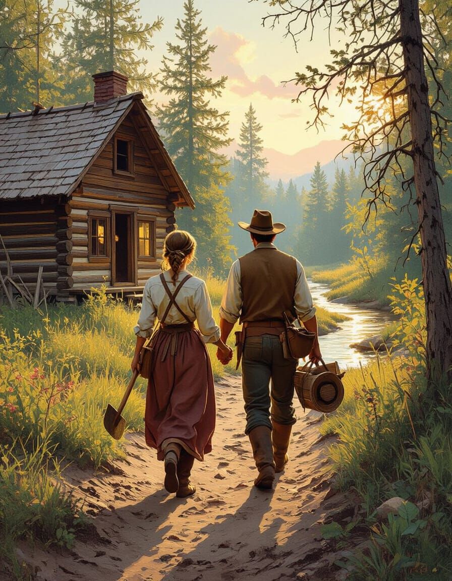 Pioneer Couple Building Log Cabin at Sunset, Painterly Style