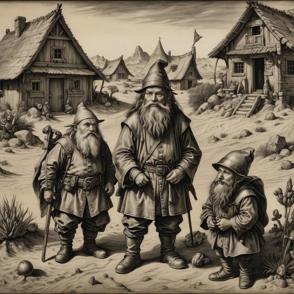 Dwarf, Gnome, and Elf in Desert, Charcoal Drawing