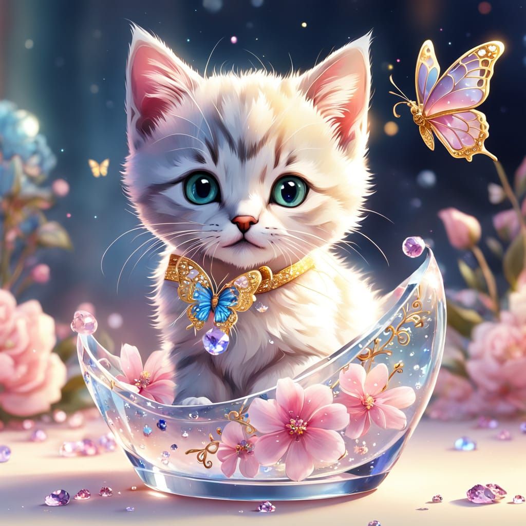 Kitten in Crystal Slipper: Whimsical 3D Digital Art