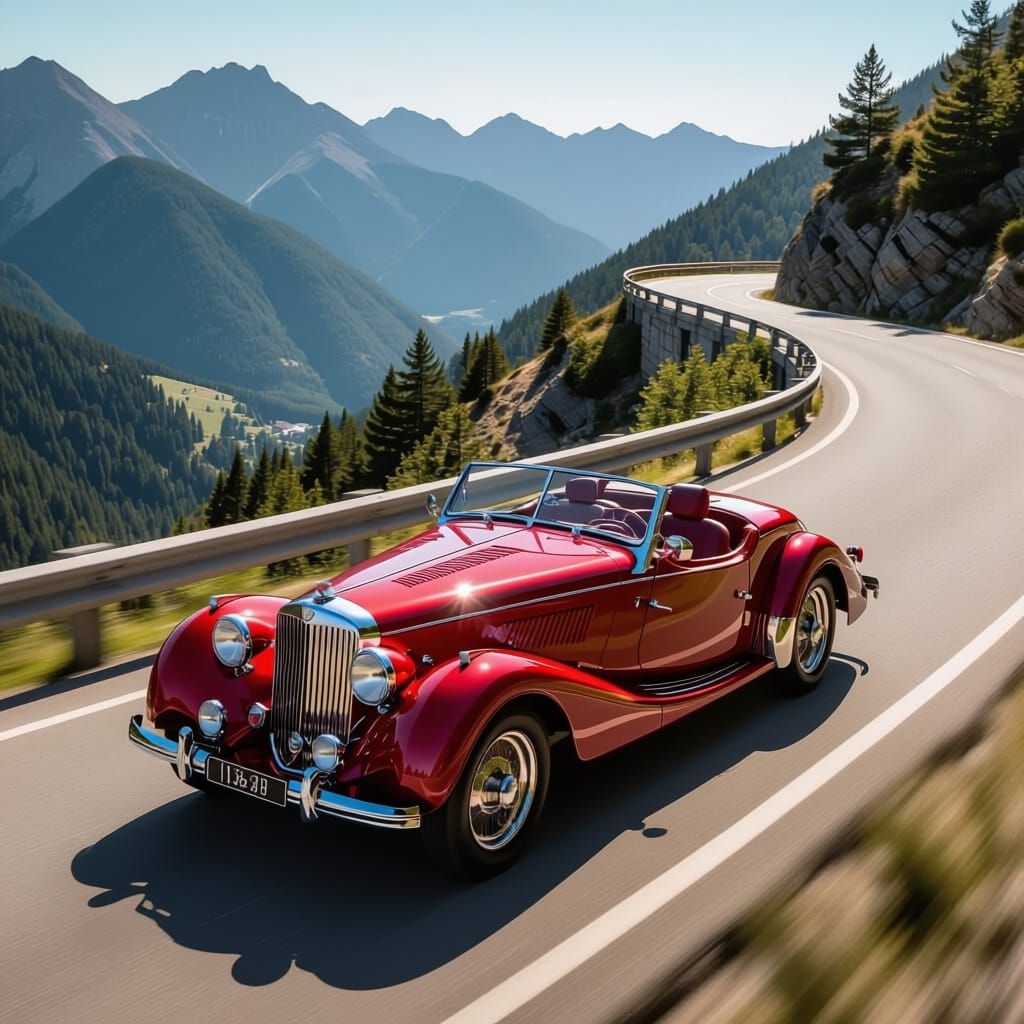 Metallic Red Roadster on Scenic Mountain Road