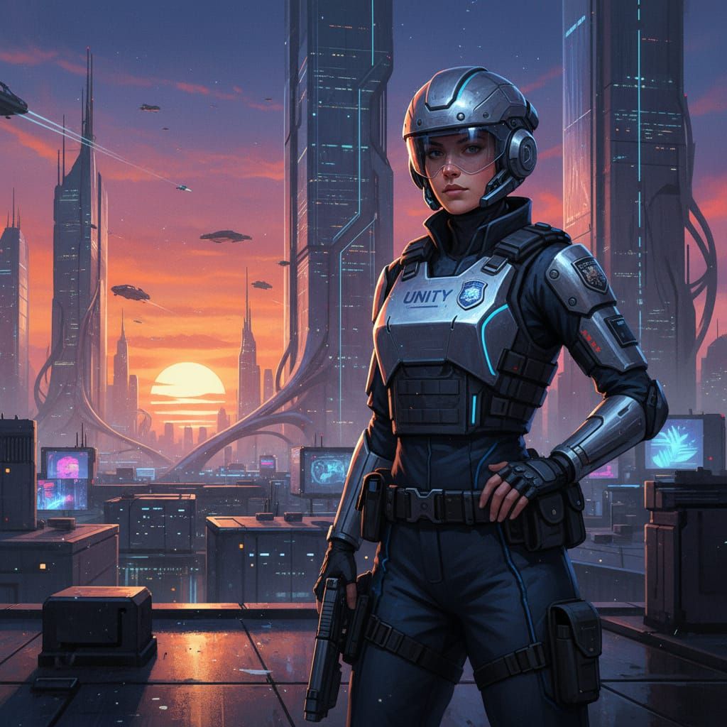 Future Cop Standing Confidently at Sunset Cityscape