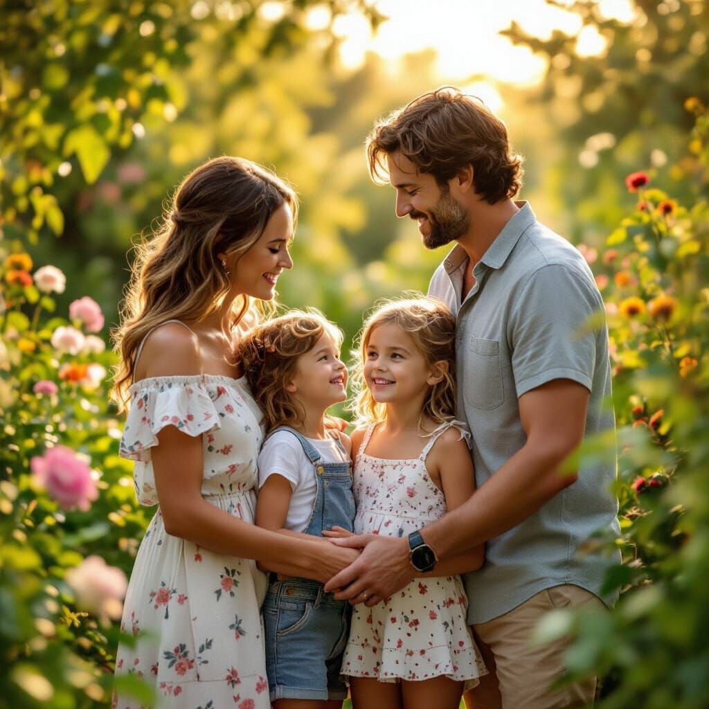 Family in Garden with Golden Hour Lighting