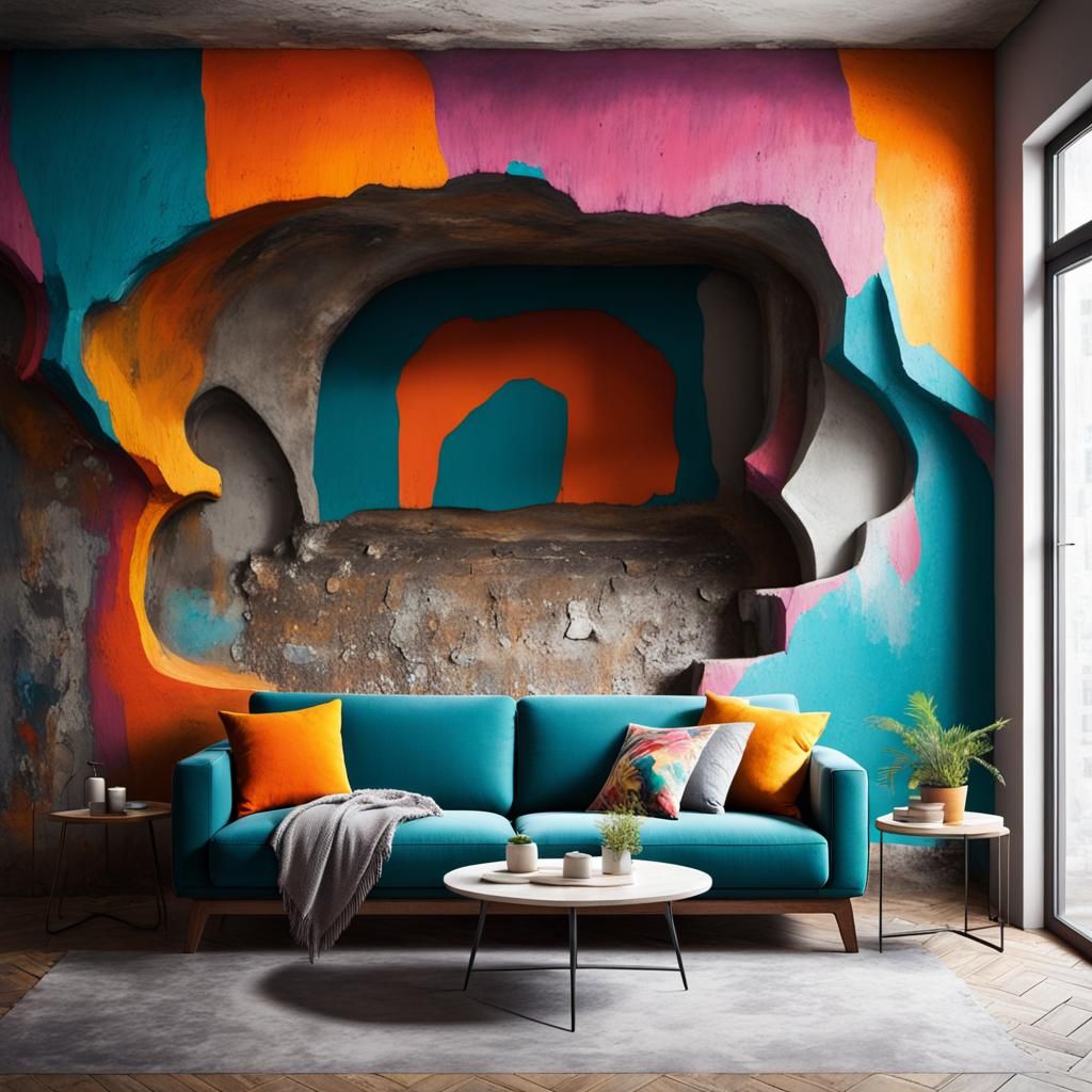 Painting of a colorful modern cave  living room ,
