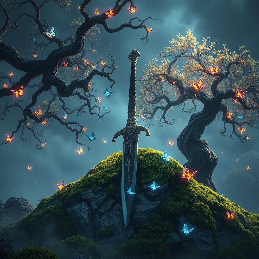 Majestic Sword in Ancient Stone Pedestal amidst Whimsical Fo...